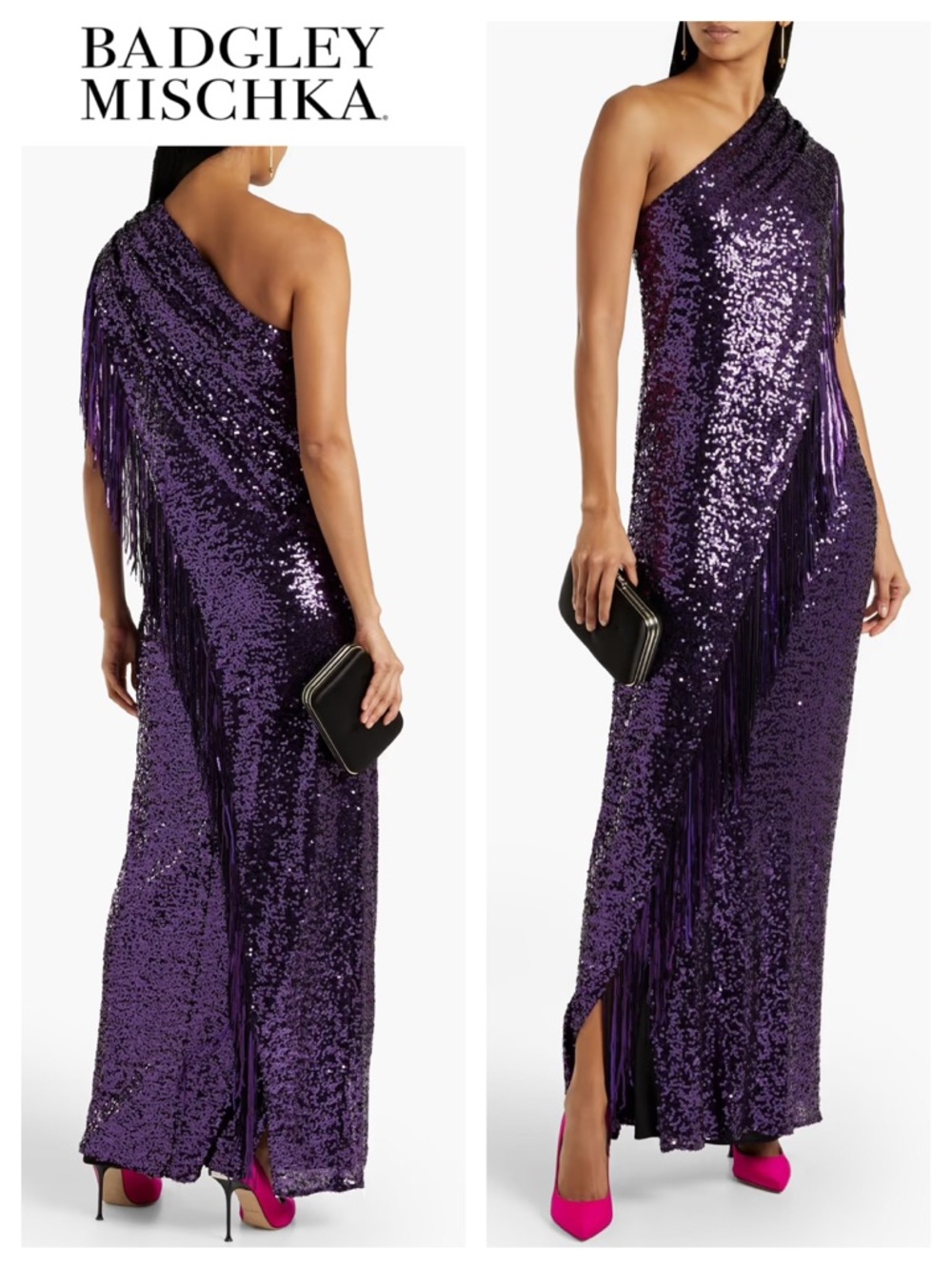 BADGLEY MISCHKA One-Shoulder Fringe Sequin Gown